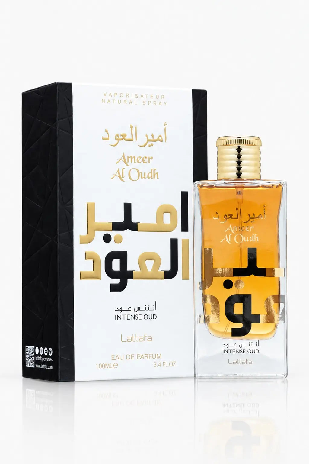 Ameer Al Oud Intense Oud Lattafa eau de parfum, flacon et sa boîte, vue de face