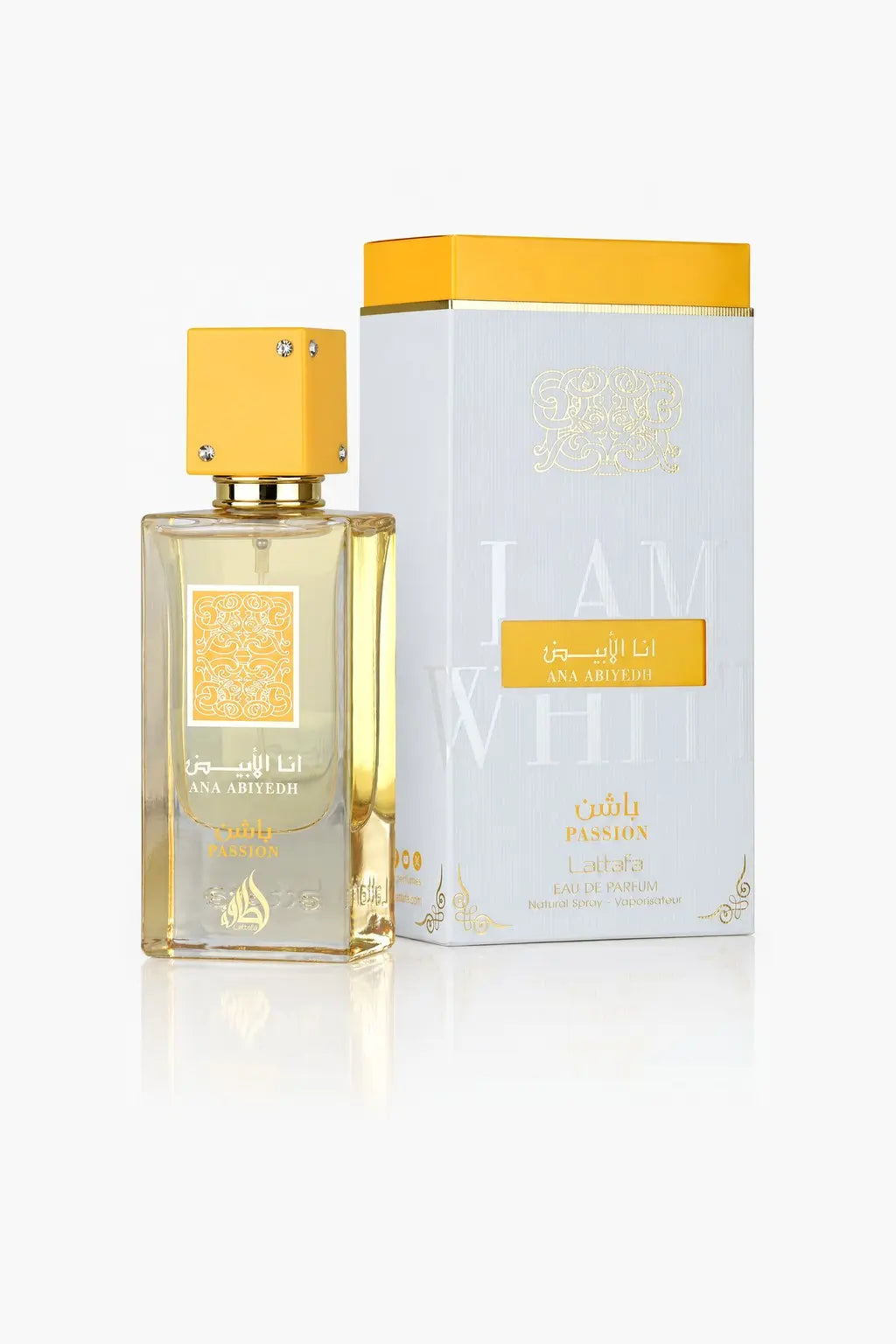 Ana Abiyedh Passion Lattafa eau de parfum, flacon et sa boîte, vue de face