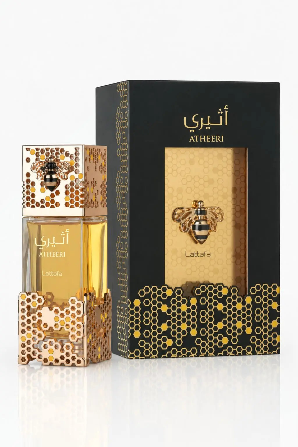 Atheeri Lattafa eau de parfum, flacon et sa boîte, vue de face