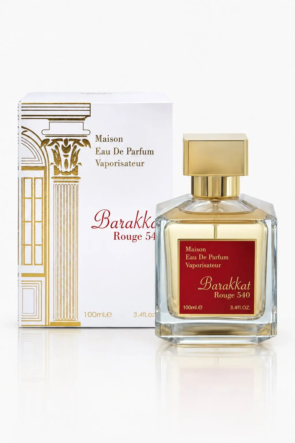 Barakkat Rouge 540 de Fragrance World, flacon et boîte blanche, eau de parfum