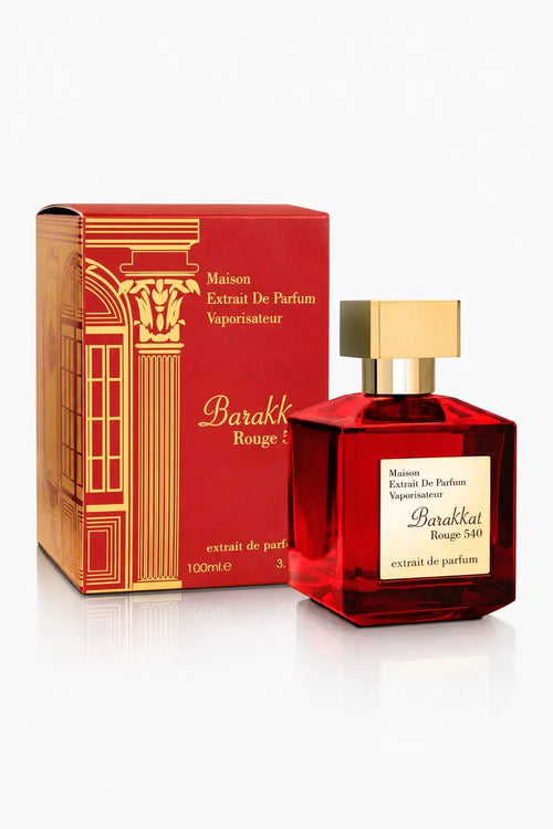 Barakkat Rouge 540 de Fragrance World, flacon et boîte rouges, extrait de parfum