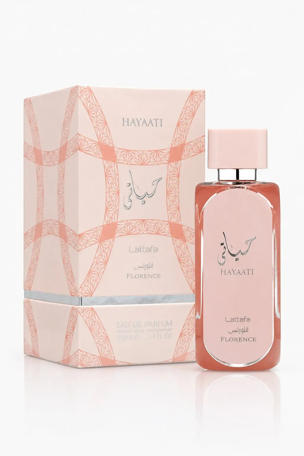 Hayaati Florence Lattafa eau de parfum, flacon et sa boîte, vue de face