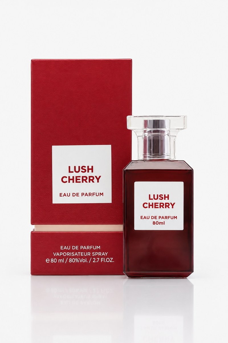 Lush Cherry Eau de Parfum Unisexe EDP By Fragrance World - 80ml, flacon et boîte Fragrance World