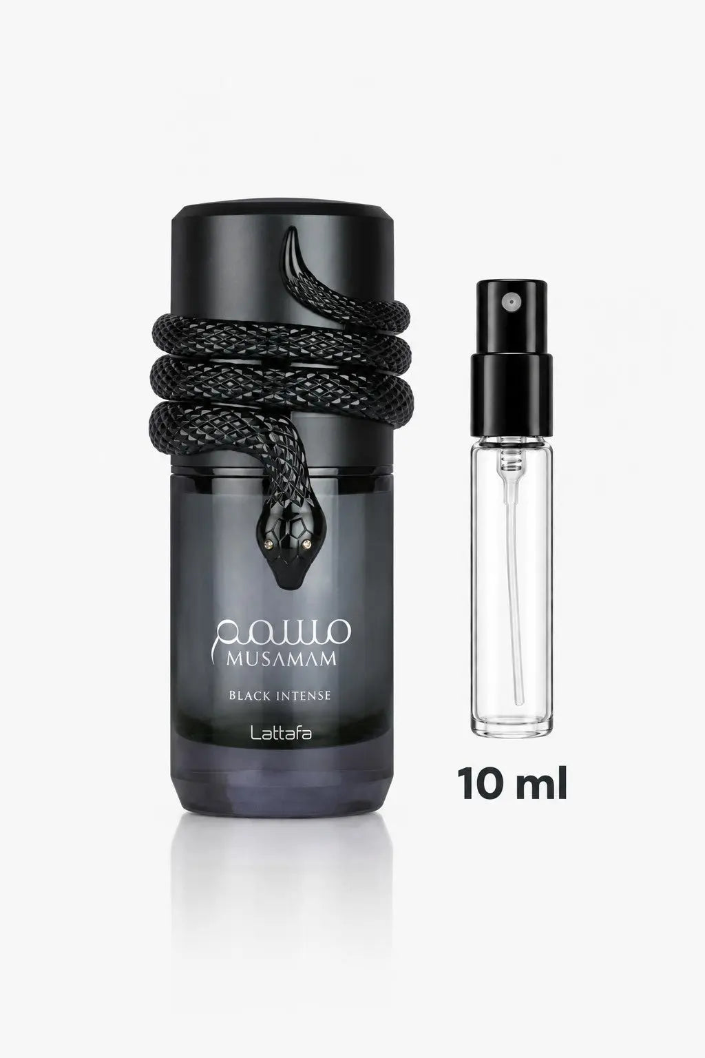Flacon Musamam Black Intense Lattafa et décant 10 ml