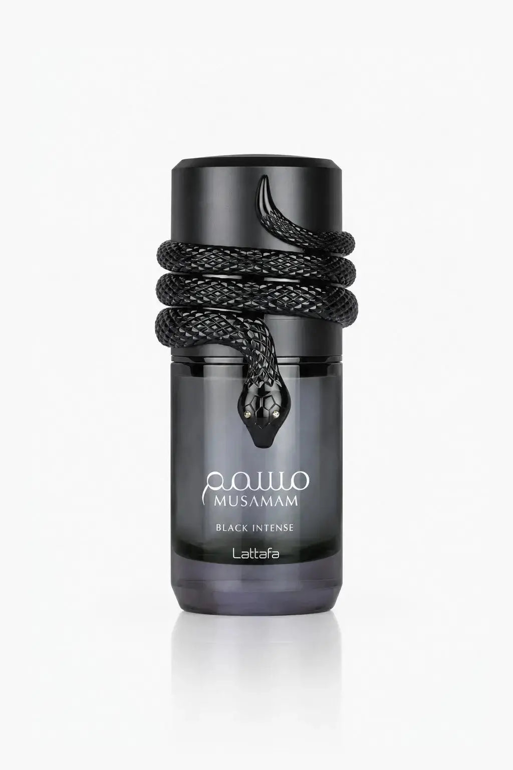 Flacon de Musamam Black Intense de Lattafa, eau de parfum mixte, disponible en décant 10 ml