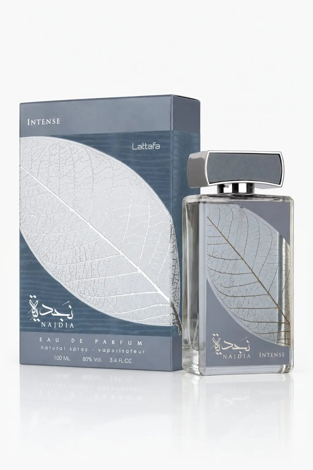 Najdia Intense Lattafa eau de parfum, flacon et sa boîte, vue de face