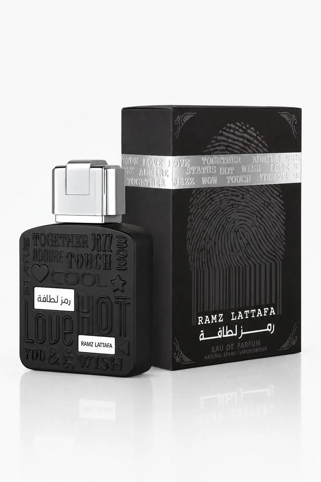 Ramz Silver Lattafa eau de parfum, flacon et sa boîte, vue de face