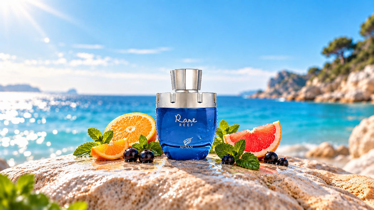 Flacon bleu Rare Reef d’Afnan sur un rocher ensoleillé, avec orange, pamplemousse, menthe et cassis devant la mer